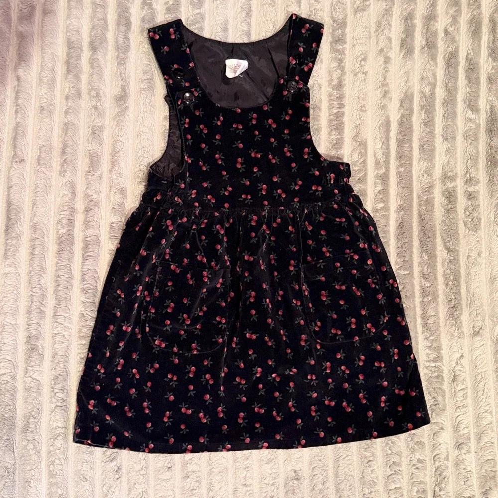 Vintage Cherry Print Cotton Velvet Jumper Dress Black Red Size 4 365W
